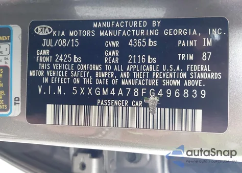 2015 Kia Optima Lx z USA, uszkodzony, nr VIN 5XXGM4A78FG496839